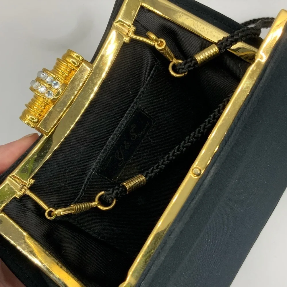 Y&S Vintage Elegant Black Satin Gold Accents Crystal Embellished Clasp Handbag